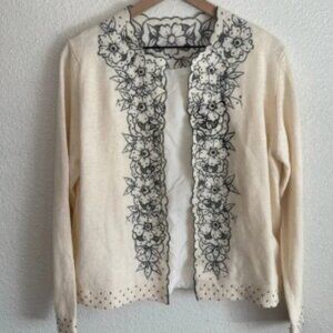 VTG Womens 50's Beaded Sweater Cardigan Lace Cutout Cream Floral Boho Classy